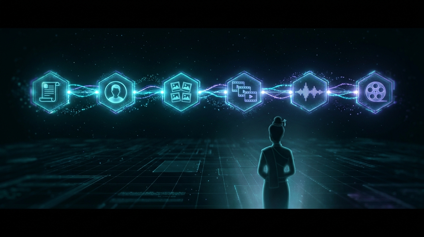 Six-phase AI video pipeline hero visualization