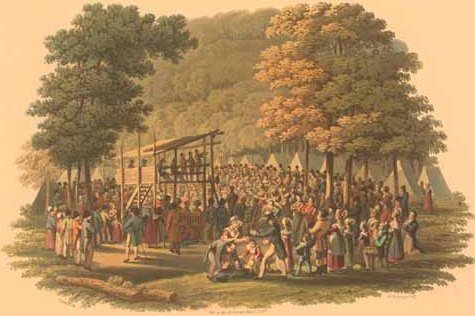 An 1819 engraving of a Methodist camp meeting: crowds and preachers among tents in a forest clearing.