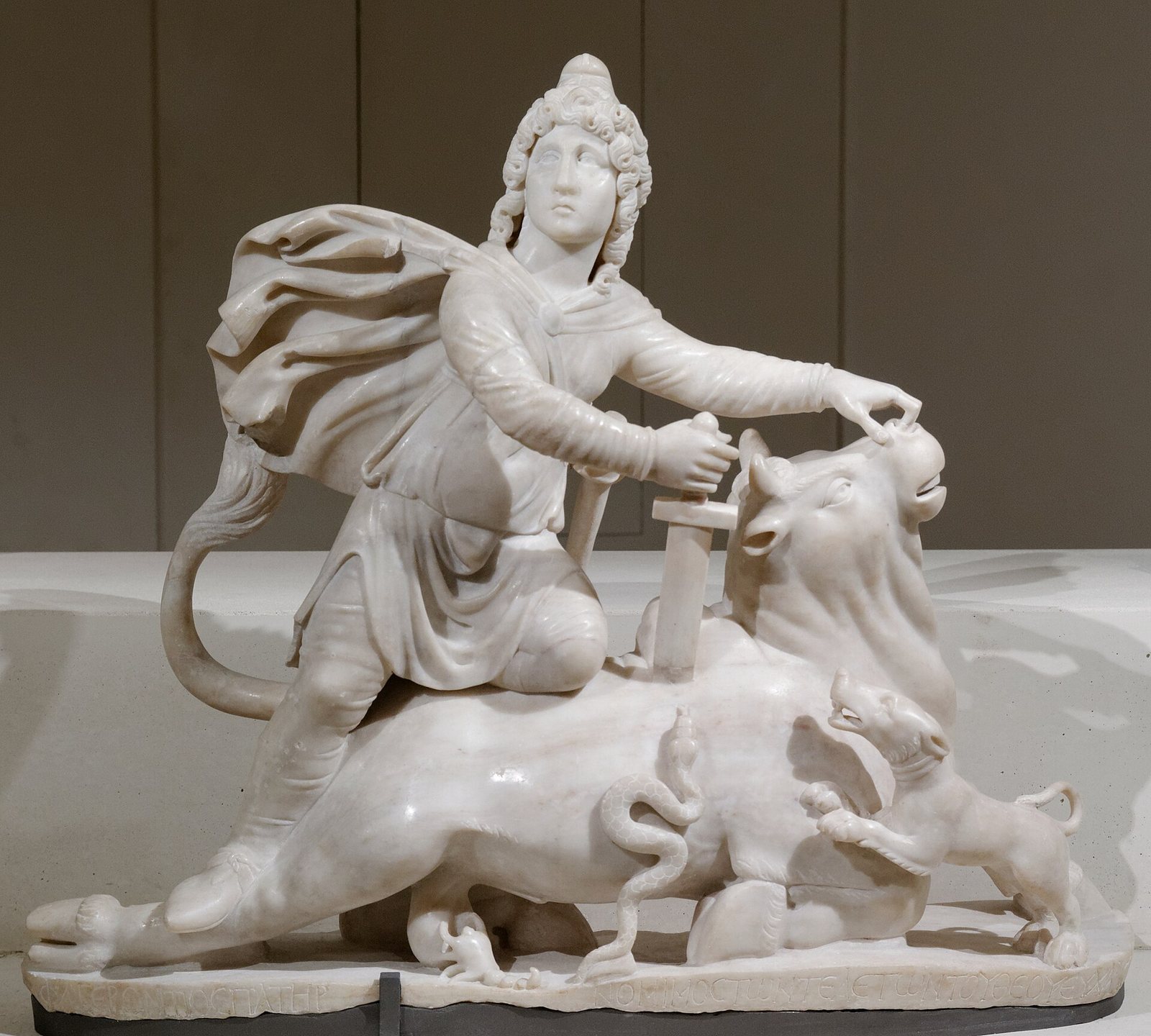 A Roman marble relief of Mithras slaying a bull.