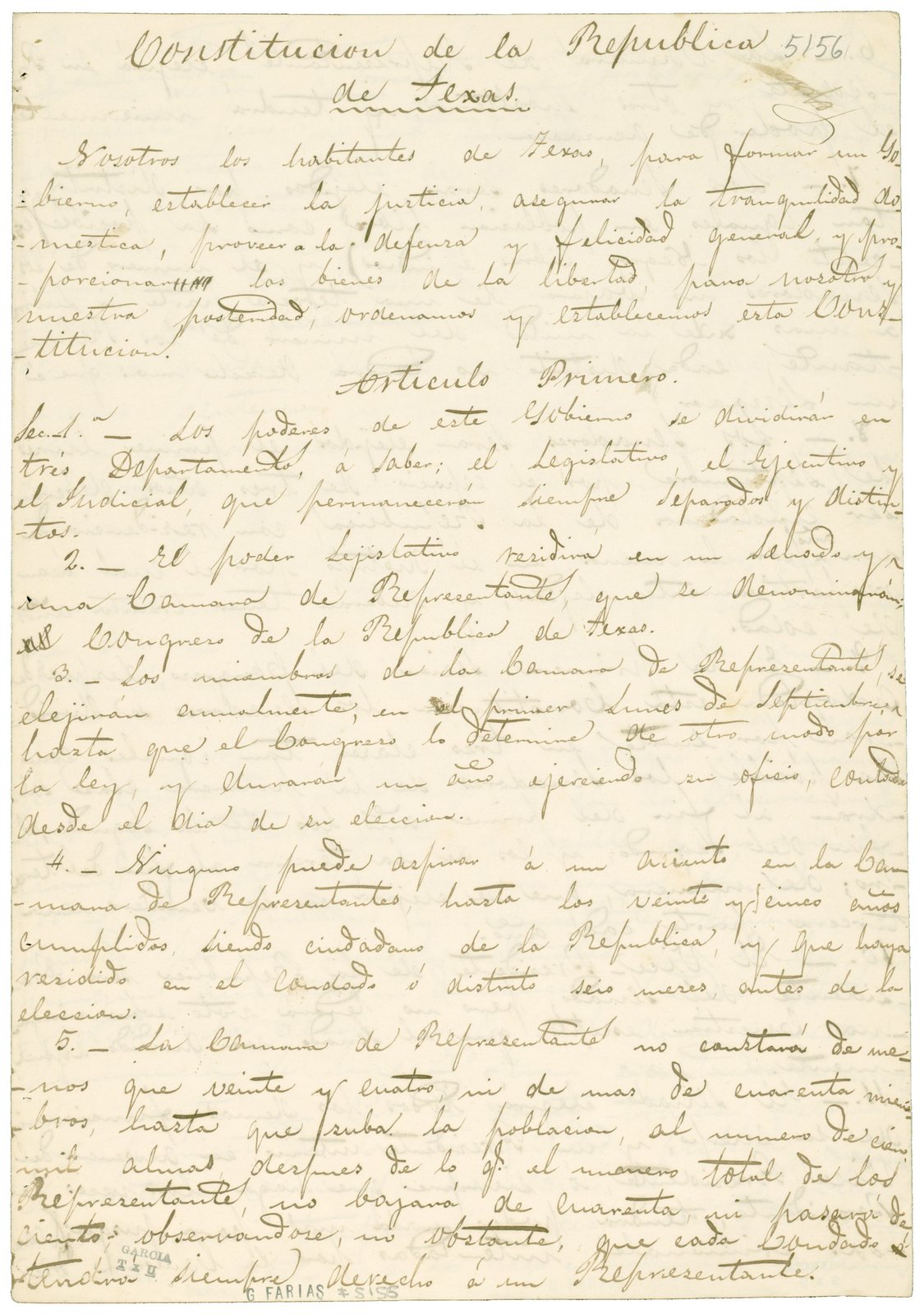 The first page of the 1836 Constitution of the Republic of Texas, handwritten.