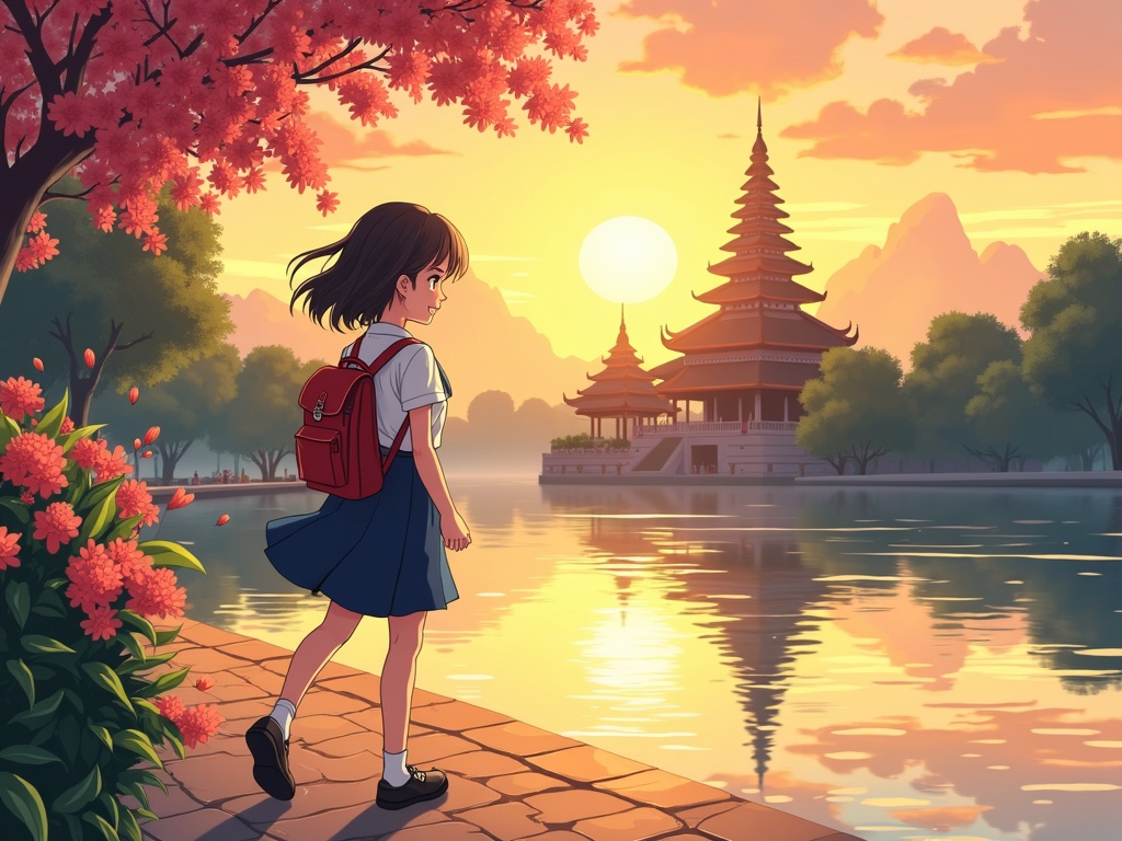 A bold cel-anime schoolgirl walking by a Thai temple at sunset — the still FLUX drew