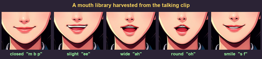 Five different mouth shapes — closed, slight, wide ah, round oh, smile — cropped from frames of the Wan talking clip