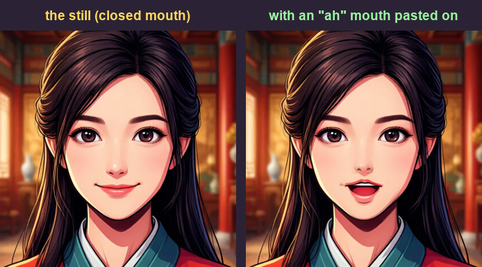 Before and after: a closed-mouth drawing of the narrator, then the same drawing with an open ah mouth pasted on, blended cleanly