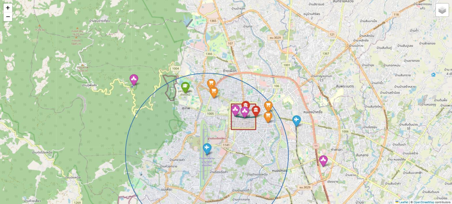 A map of Chiang Mai with coloured pins on temples, markets, the airport and the university, a red square around the old city and a blue circle around the airport