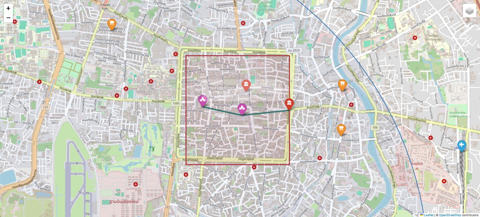 a map of the Chiang Mai old city with coloured pins on temples, markets and gates