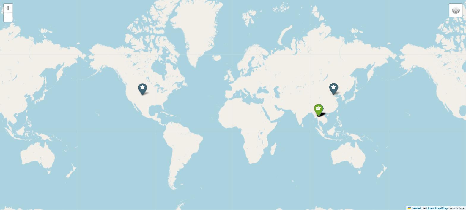 The same map zoomed out to the whole world, with star pins on Colorado and Beijing and the Chiang Mai cluster in Thailand