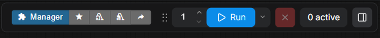 ComfyUI top toolbar with the blue Run button and the active jobs counter