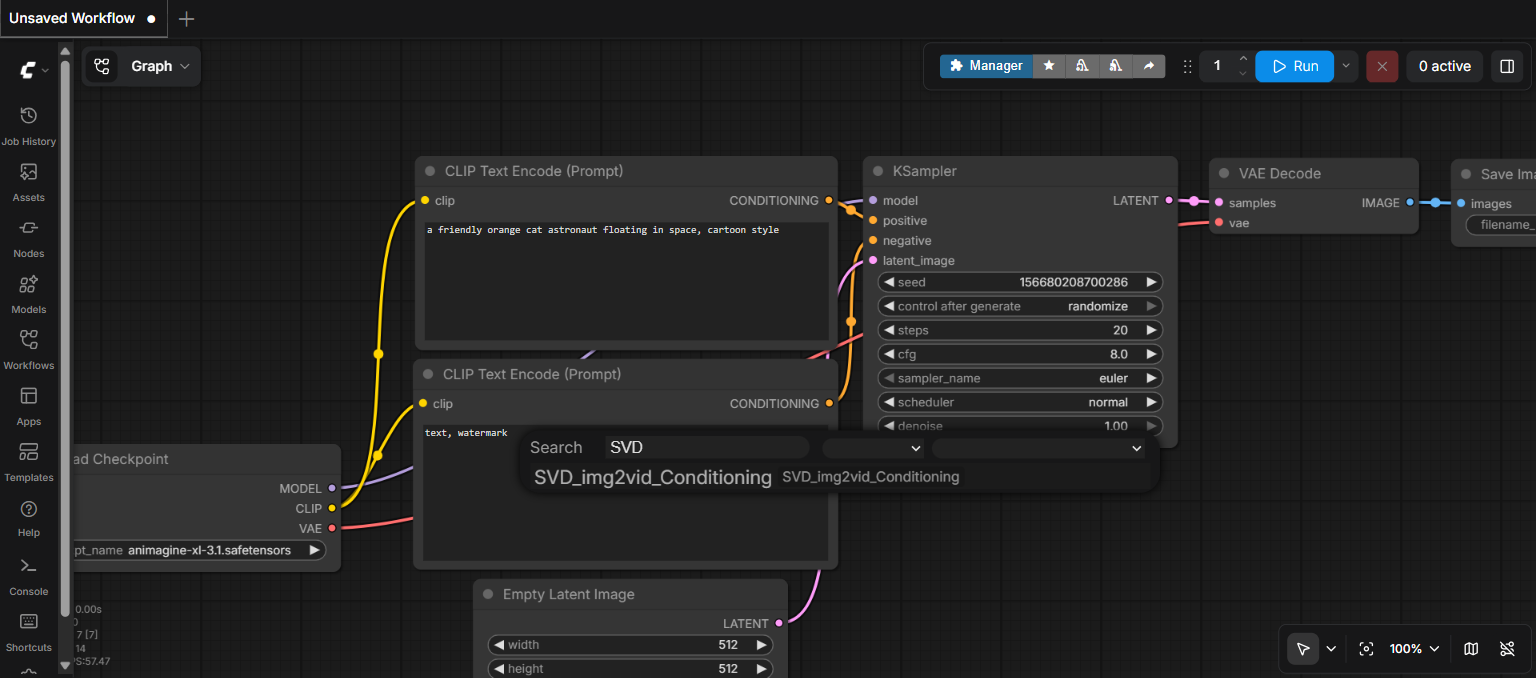 ComfyUI node search dialog opened by double-clicking the canvas, with SVD typed in and SVD_img2vid_Conditioning shown as the matching node