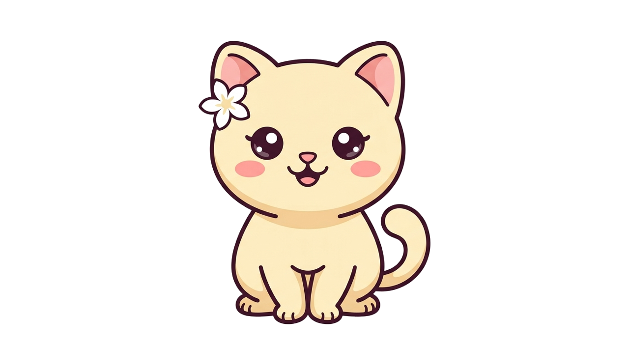 The input: a single still image of a kawaii cartoon cat sitting, flat 2D style