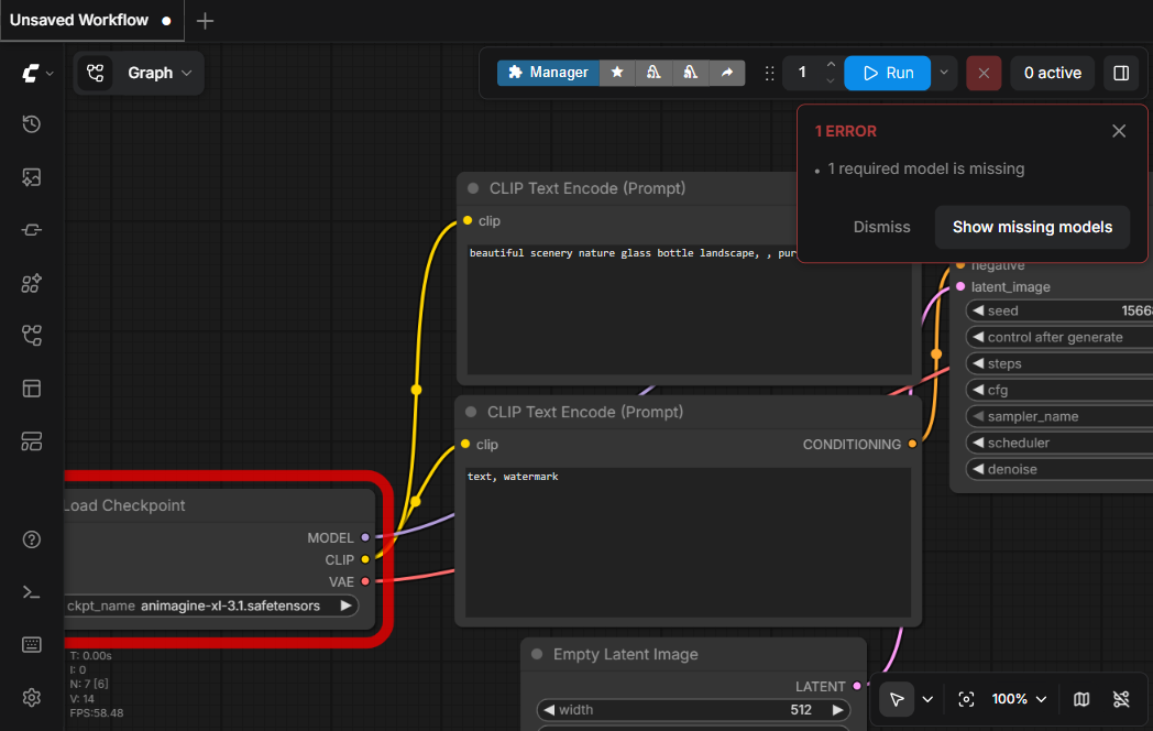 ComfyUI showing a red error toast saying 1 required model is missing, with the Load Checkpoint node outlined in red