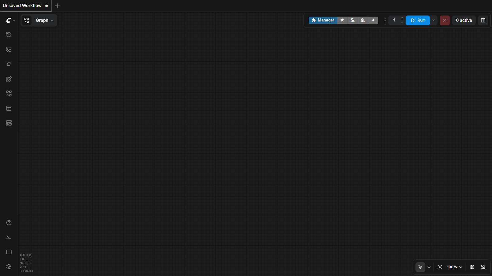 ComfyUI with an empty dark canvas: workflow tabs at top, toolbar with Run button and queue counter at top right, sidebar icons on the left