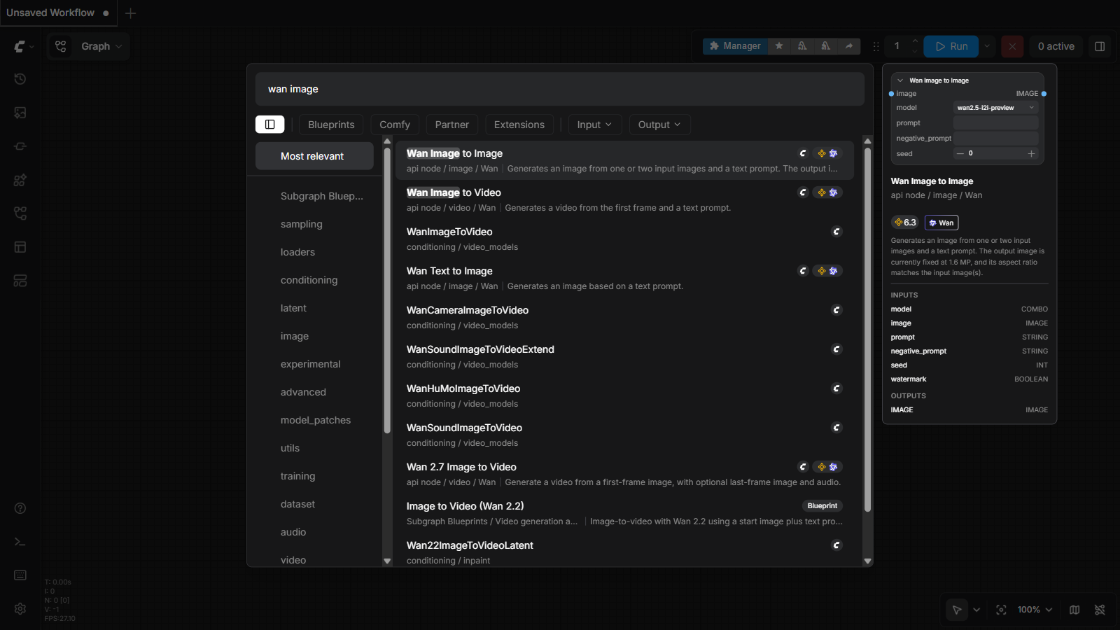 ComfyUI node search dialog open with 'wan image' typed, listing Wan video nodes including Wan Image to Image and Image to Video (Wan 2.2), with a preview panel on the right