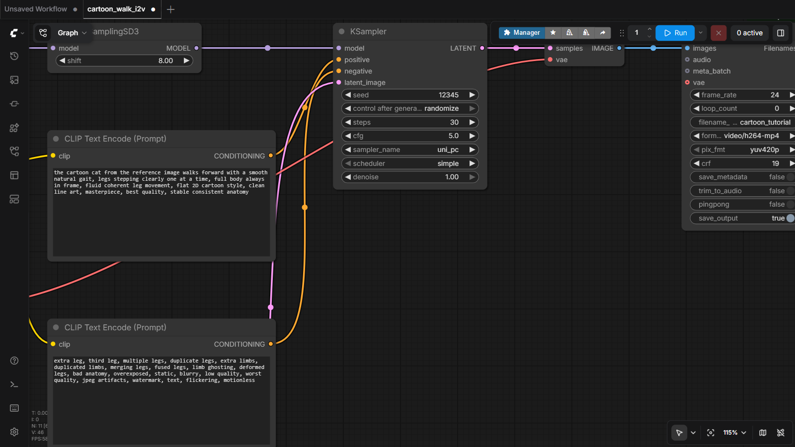 Close-up of the two CLIP Text Encode prompt nodes (positive motion prompt and negative prompt) and the KSampler showing seed, steps 30, cfg 5.0, sampler uni_pc, scheduler simple