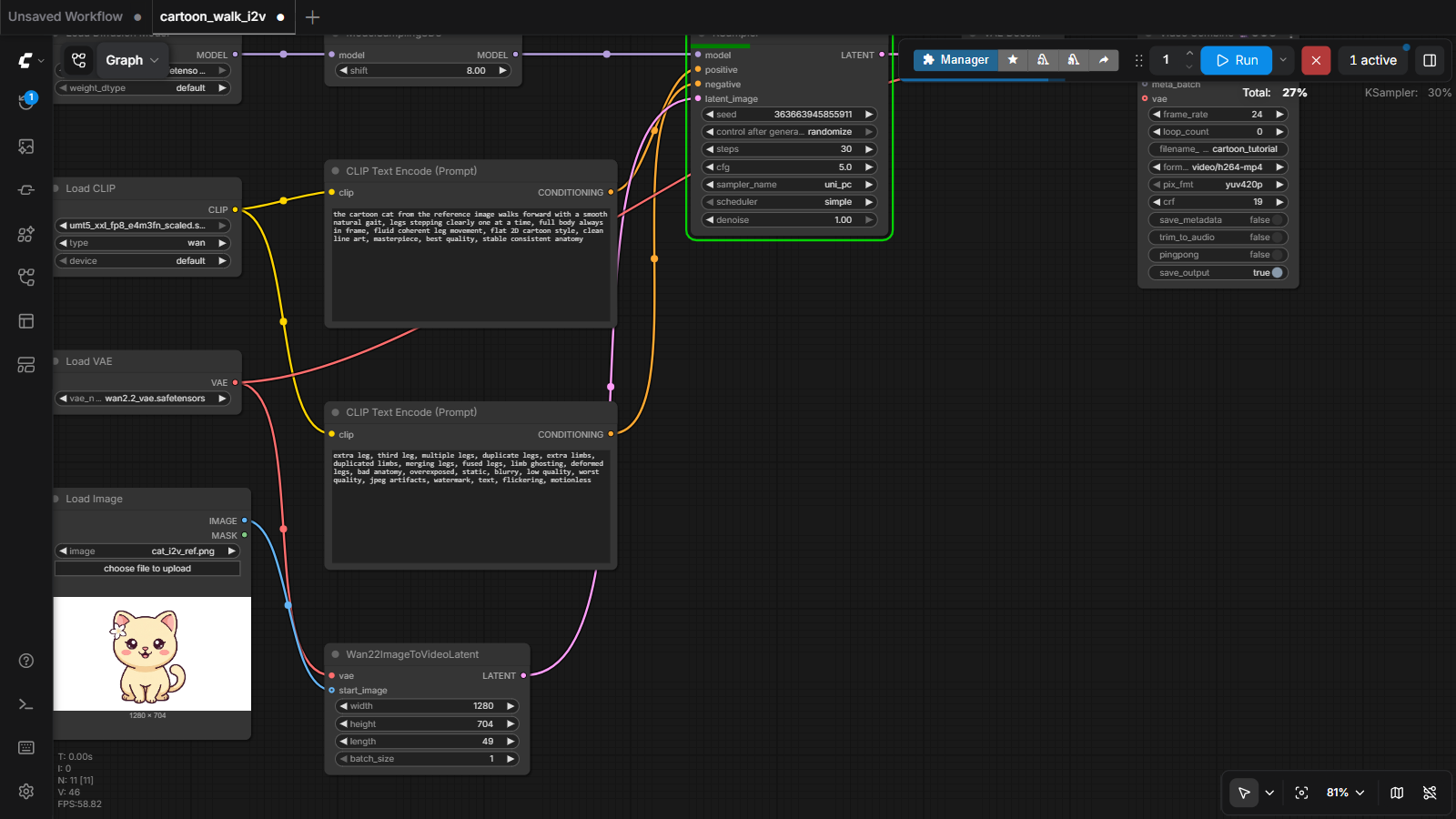 The workflow running: the KSampler node outlined in green, queue showing 1 active, and a progress percentage in the toolbar