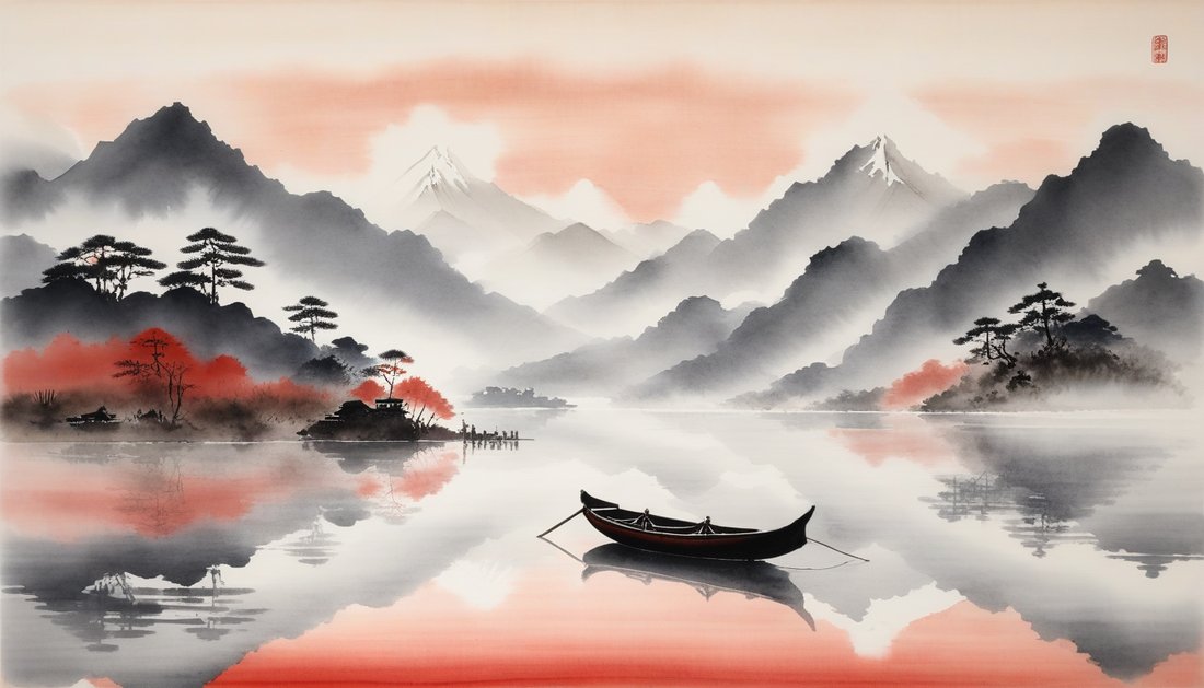 Ink-wash painting of dawn mist on a still lake with a single small boat and reflected peaks.