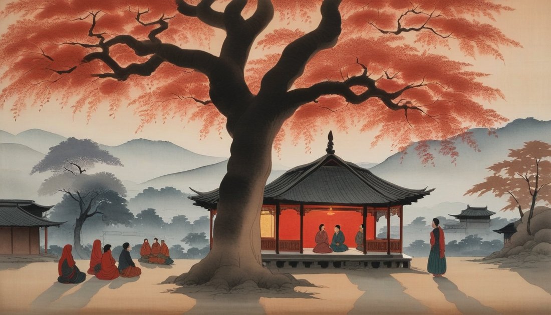 Ink-wash painting of villagers gathered under a chinar tree at dusk, listening to a singer by lamplight.
