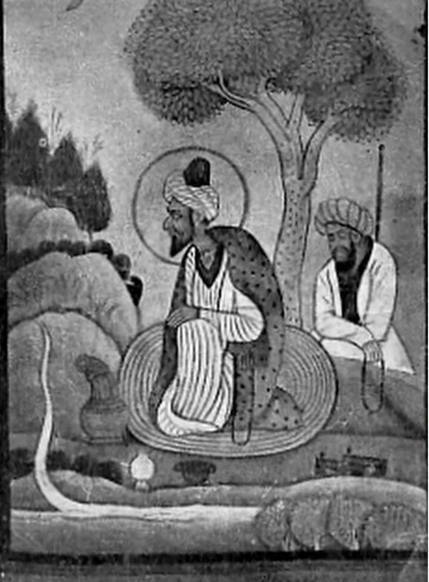 A black-and-white 17th-century manuscript painting of Nund Rishi, haloed, kneeling on a round mat beneath a tree, with a companion beside him.