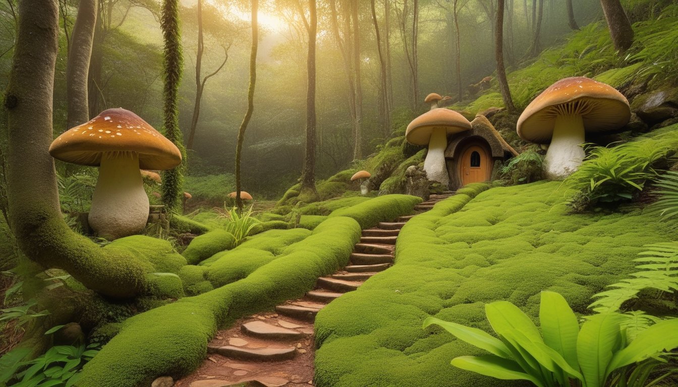 A giant mushroom house with a round wooden door, smaller copies stepping up the mossy slope