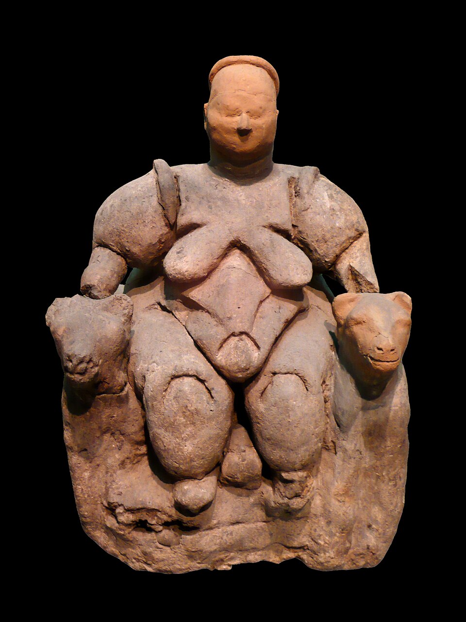 The Seated Woman of Catalhoyuk, a baked clay figure of a large woman seated between two felines.