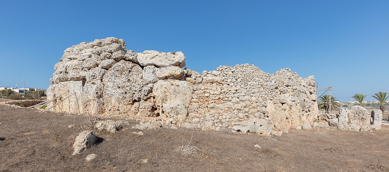 The massive limestone blocks of the Ggantija megalithic temple on Gozo, Malta.