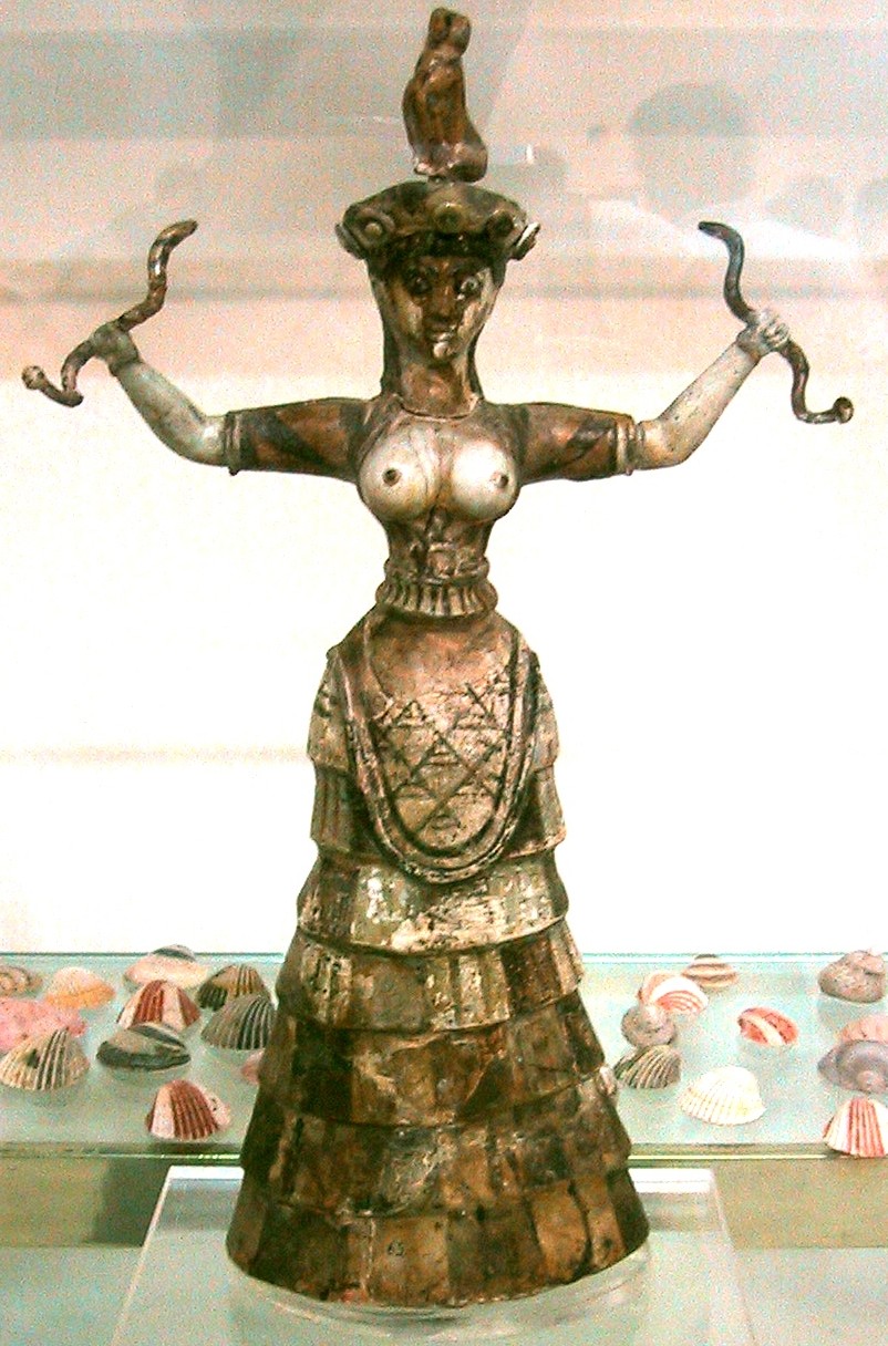 The Minoan Snake Goddess figure from Knossos, holding a snake in each raised hand.