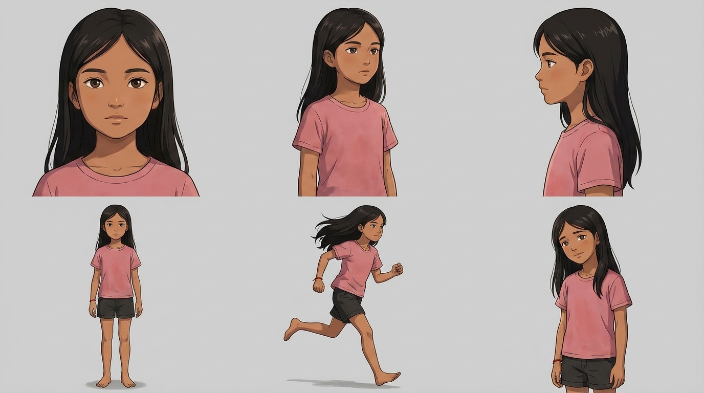Six-pose AI character sheet