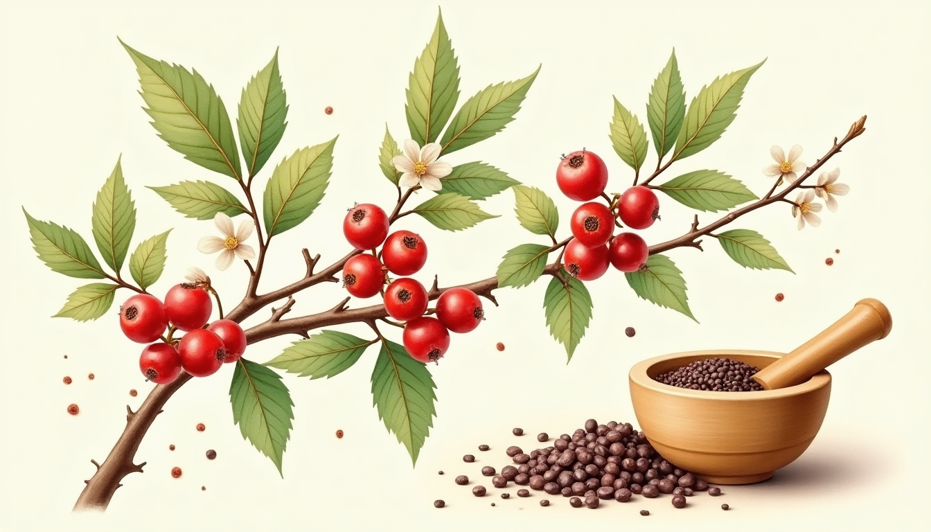 ผลฮอว์ธอร์นสุกสีแดงบนกิ่ง — สมุนไพรบำรุงหัวใจ