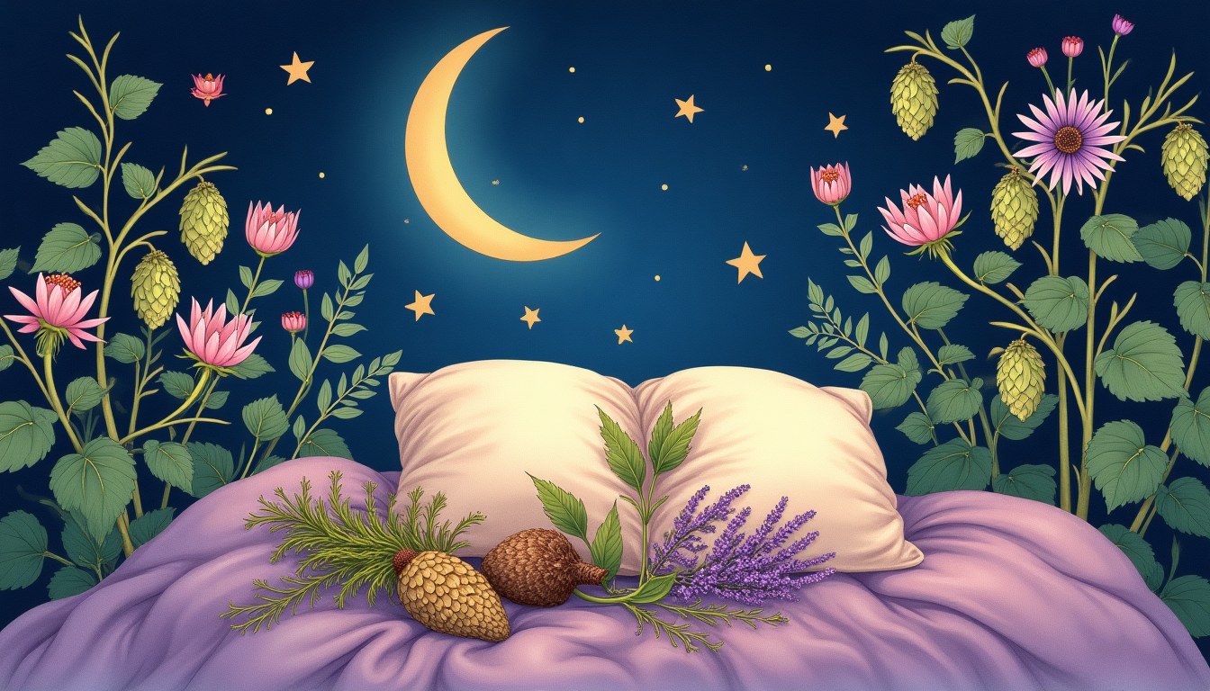 Sleep-promoting herbs including passionflower, valerian root, and hops in a nighttime botanical scene