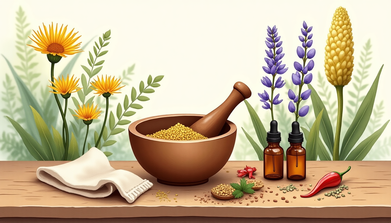 Botanical illustration of external herbal preparations for musculoskeletal pain