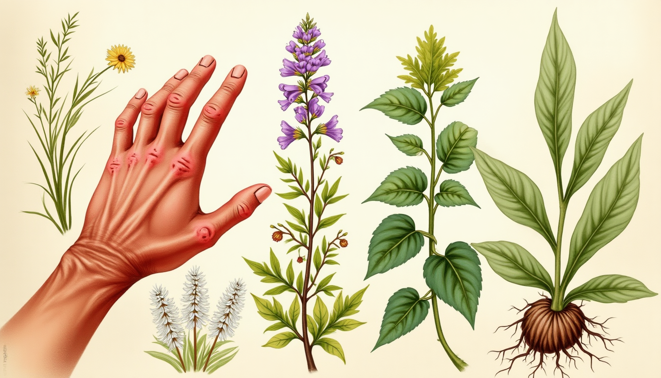 Botanical illustration of herbs for rheumatoid arthritis treatment