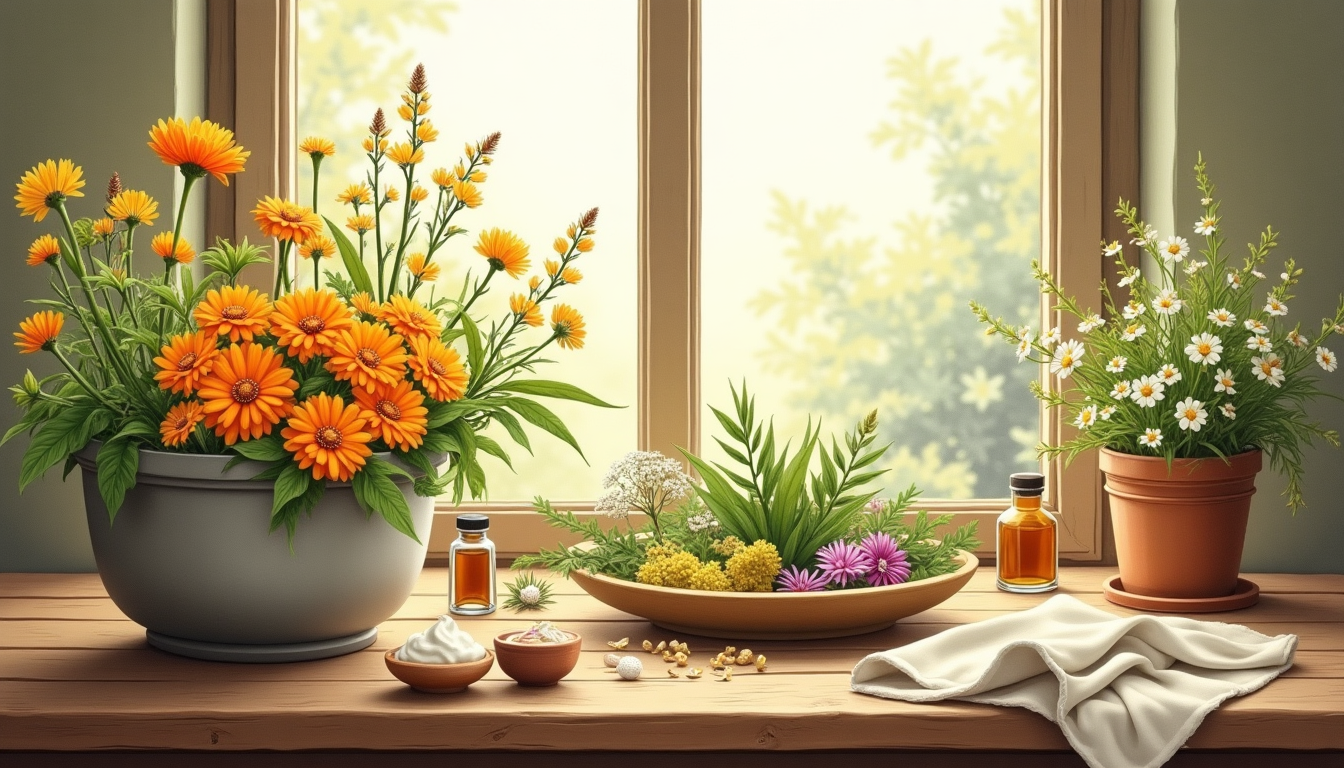 Botanical illustration of herbs for topical skin application