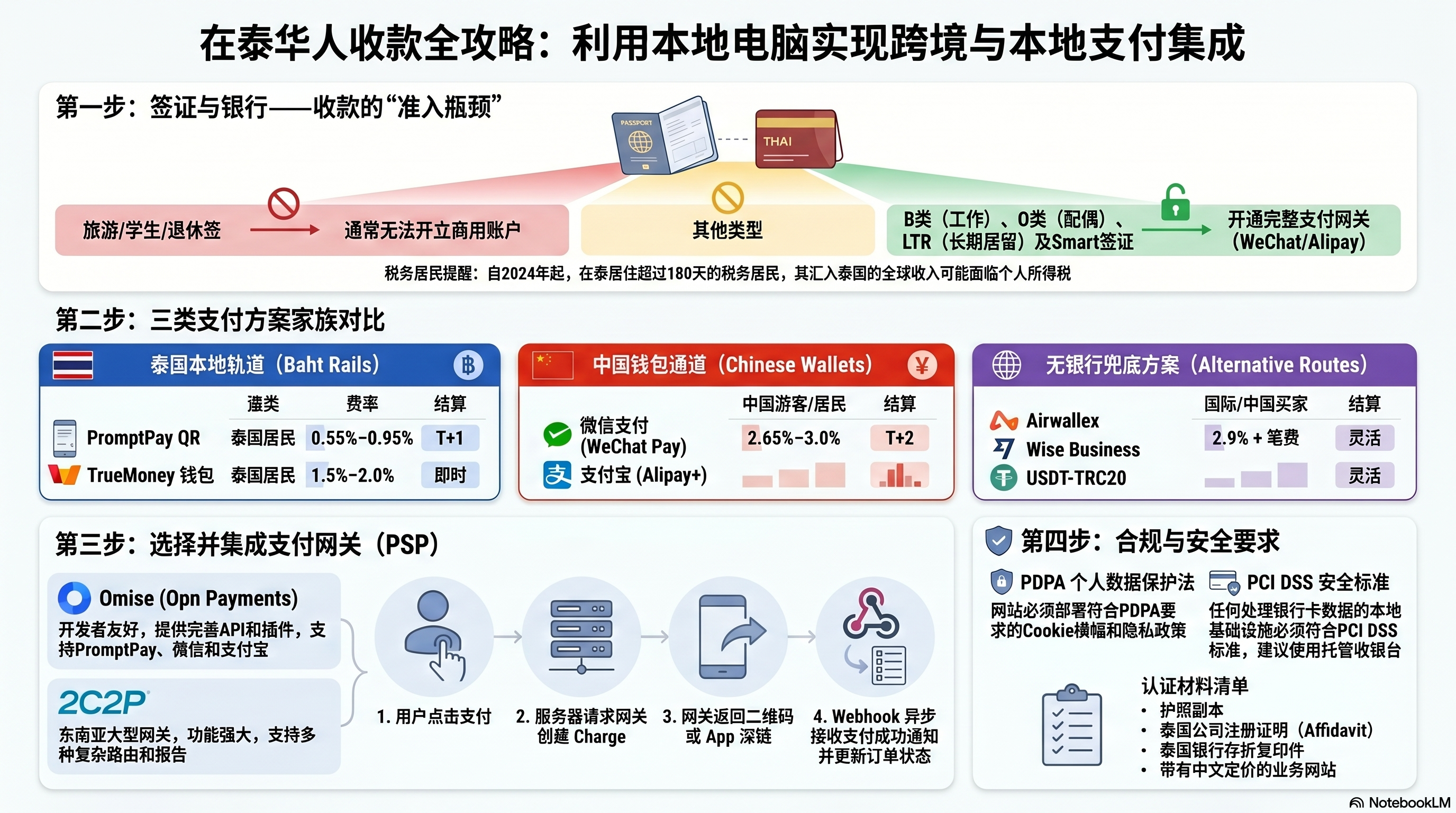 在泰华人收款全攻略 — visual summary in Chinese covering visa, payment rails, gateway integration, and compliance
