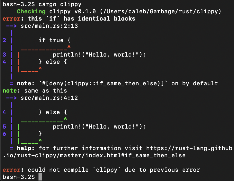 A terminal showing cargo clippy reporting an error, with coloured arrows pointing at the two identical blocks of an if statement