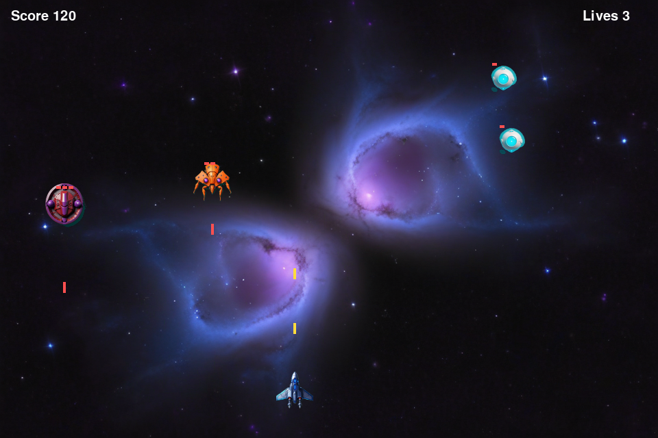 a space game screen: a yellow ship at the bottom, rows of coloured aliens above it, and a score in the corner