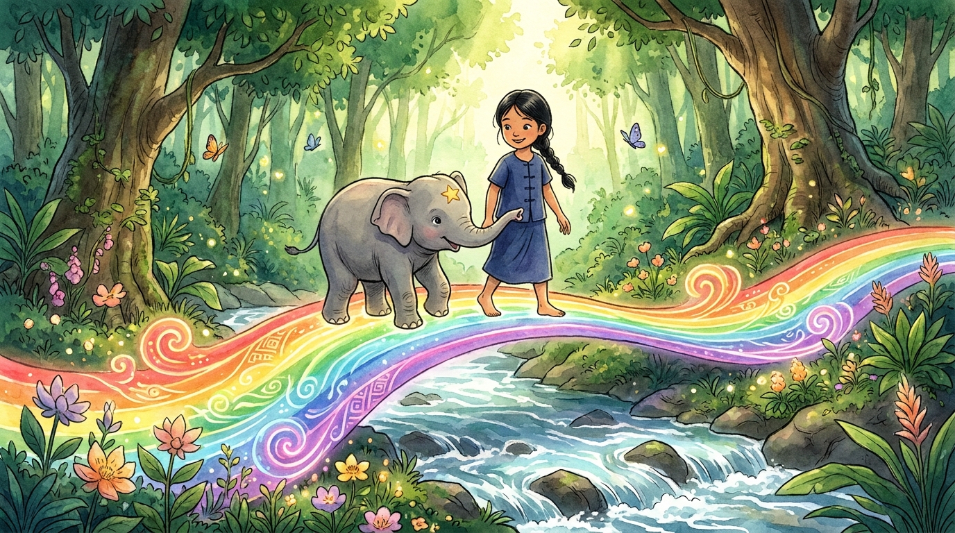 Mali and Sawan cross a rainbow bridge on their magical journey