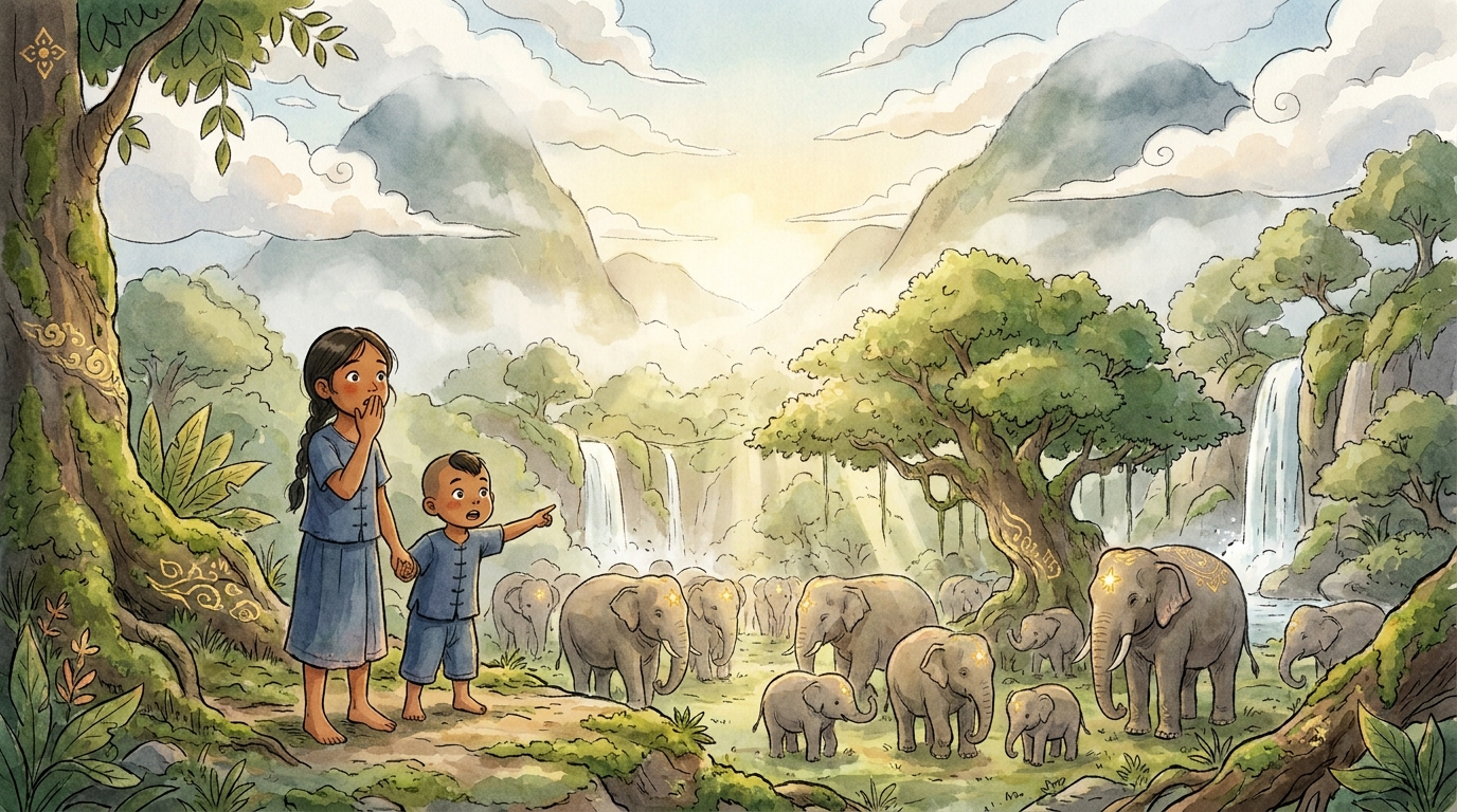 Hidden valley with herd of magical star-marked elephants