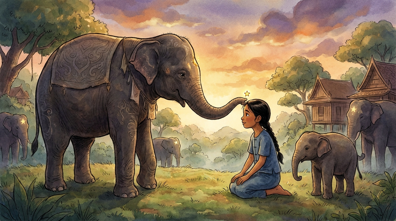 The elder elephant touches Mali's forehead, giving her a star mark