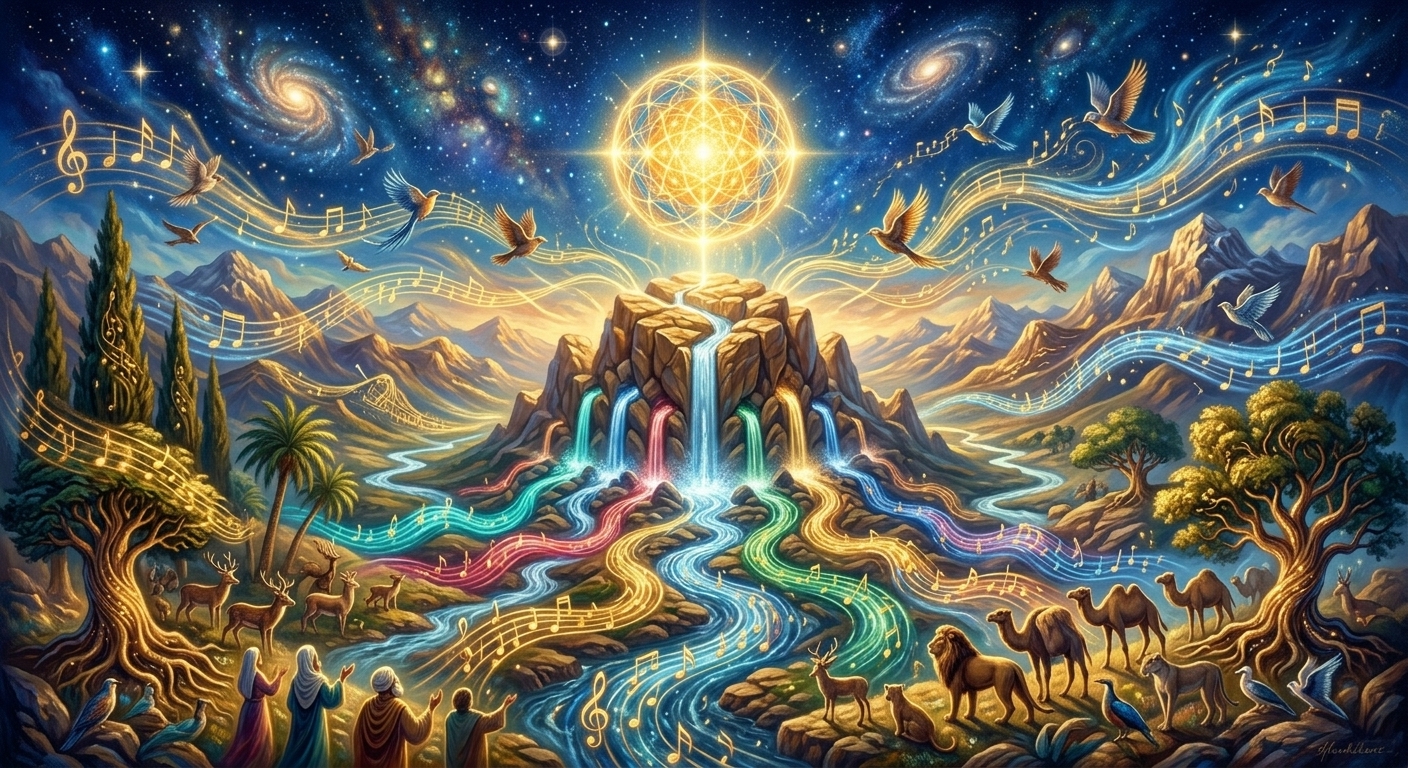 The universal harmony of nature — twelve springs flowing from a rock
