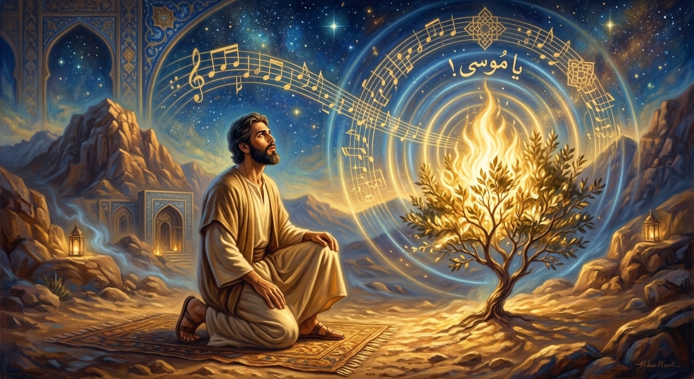 Moses at the burning bush hearing the divine voice