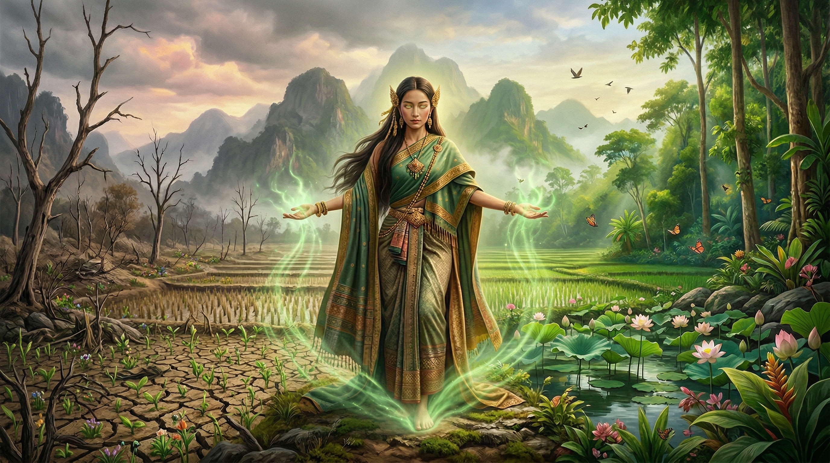 Awakening — eyes opening, green energy