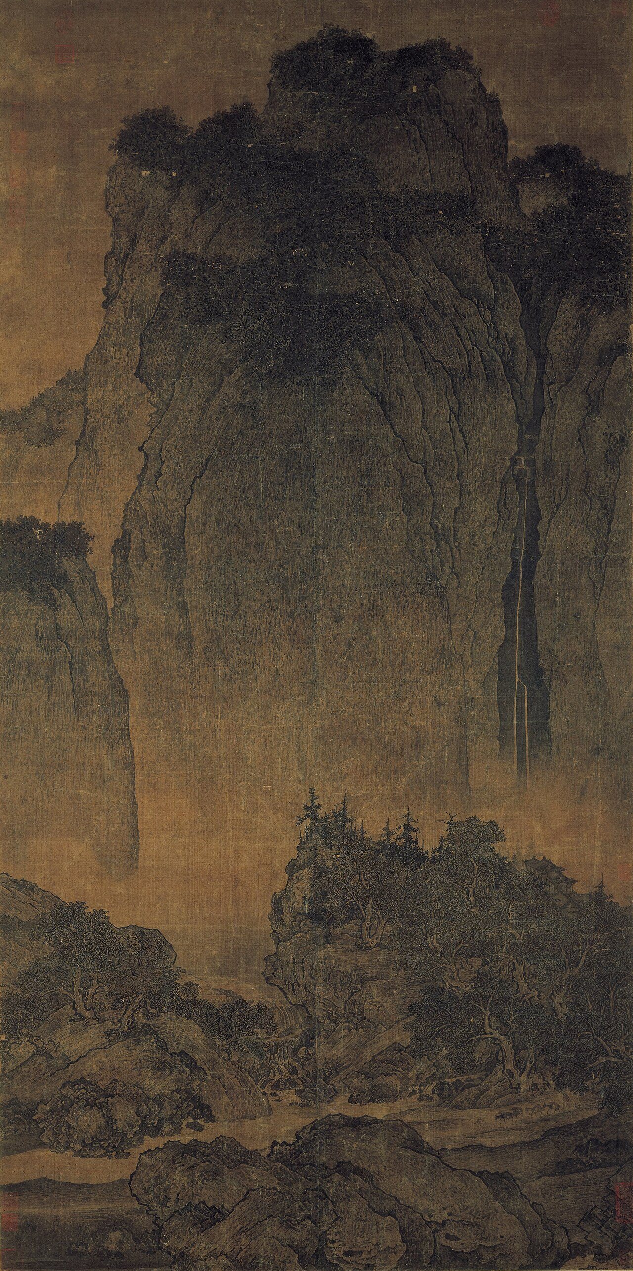 Fan Kuan's monumental Song landscape: a vast cliff above a waterfall, with a tiny mule train on the road below