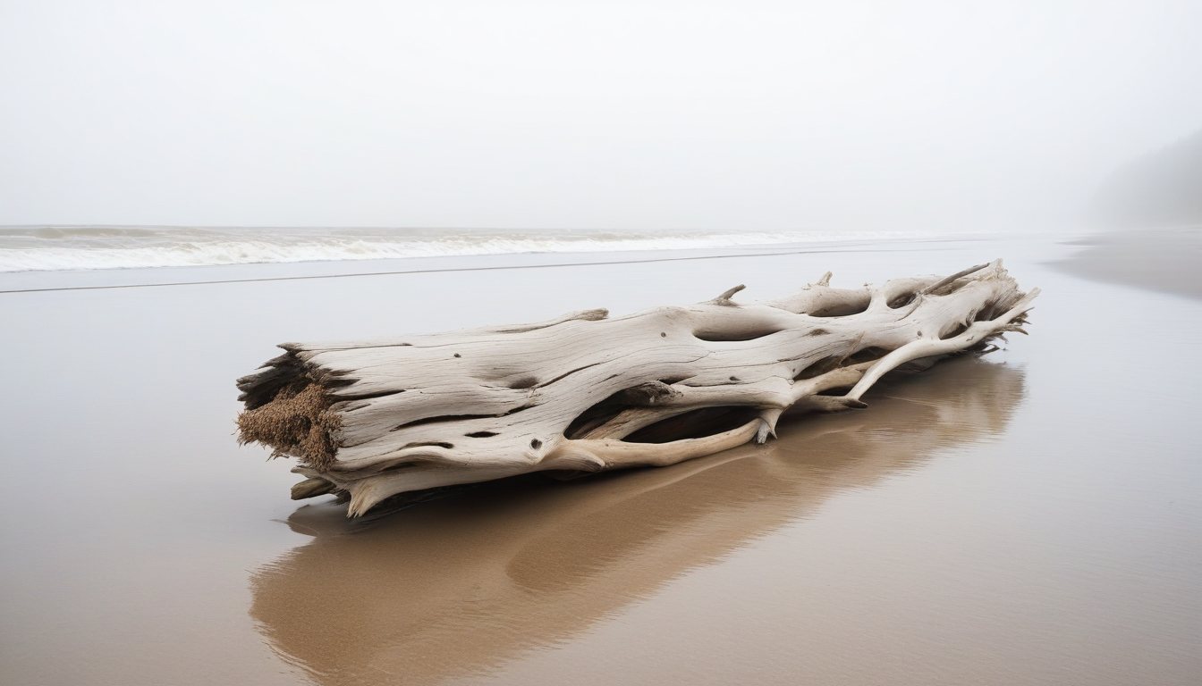 A weathered block of driftwood lying on wet sand, its grain and knots untouched by any tool